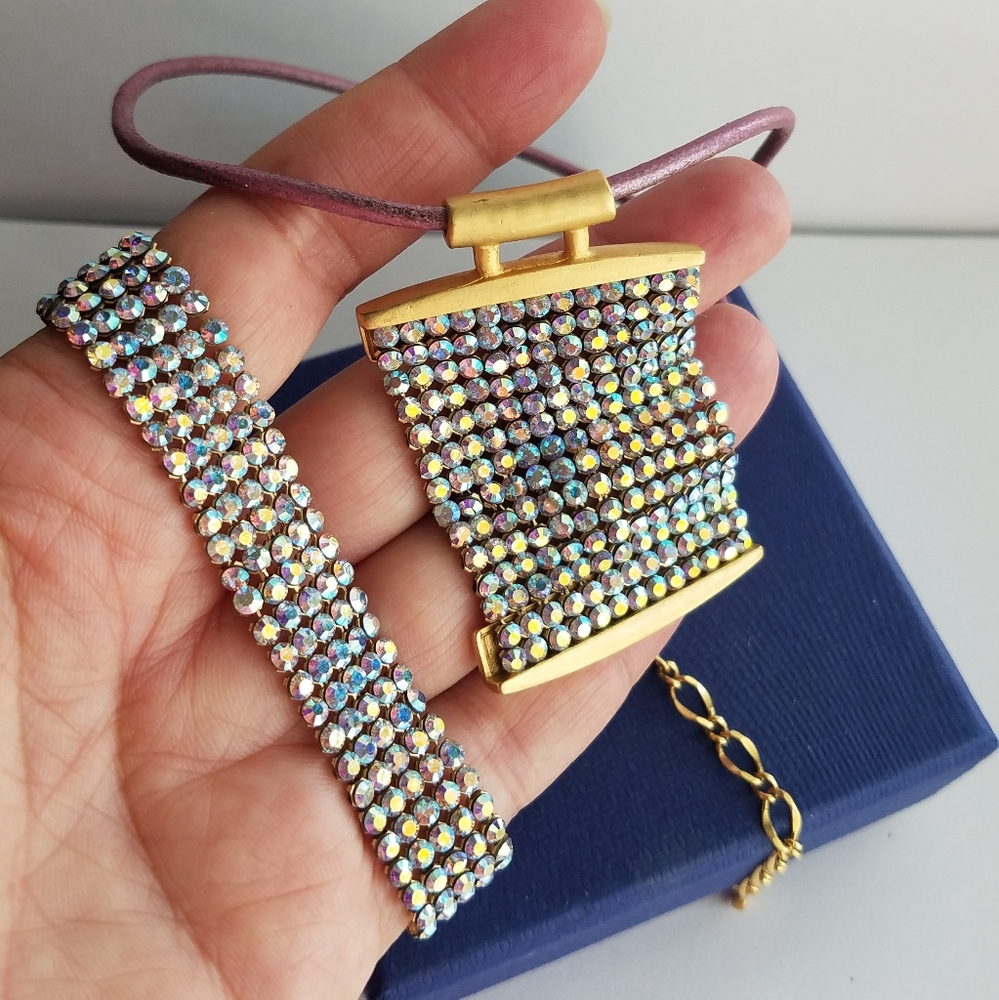 AUTHENTIC RARE Vintage Swarovski Mesh Aurora Borealis SET Necklace & Bracelet - Picture 16 of 17